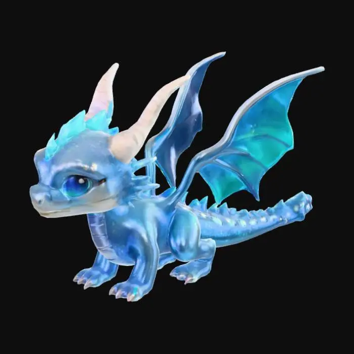 3D model for "A majestic frost dragon designed for a Roblox fantasy game, with glowing icy-blue crystal wings, a shimmering semi-transparent body, sparkling frost effects around its claws and tail, and glowing blue eyes. The dragon has stylized proportions for children-friendly appeal – big head, expressive face, slightly chibi body. The surface is detailed with glowing runes and frost cracks. The wings gently emit a cold mist. This dragon looks like a rare, magical creature that players would love to collect or buy in a Zoo Tycoon game."