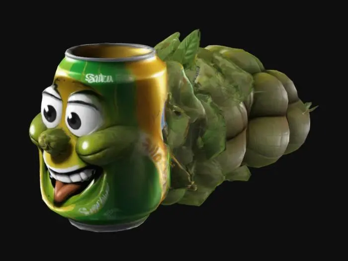 3D model for a beer can and sativa bud funny cartoon design setting on a sofa with funny friend design in high quality high detail high texturing