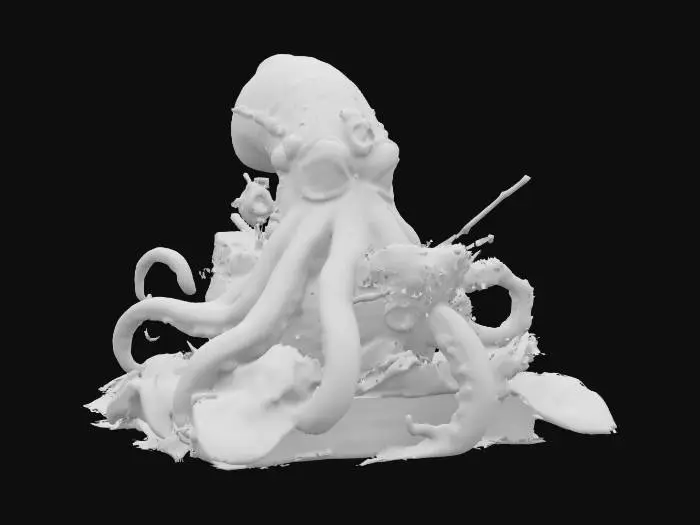 3D model for  advanced detailed an advanced hyper steampunk cartoon realism angry squid crushing a ship on a wavy water textured platform. #ocean#