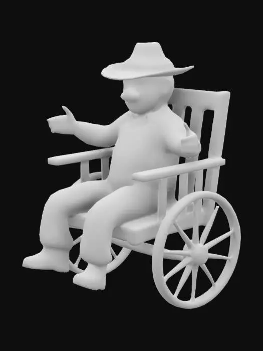 3D model for old style realism wagon seat with hillbilly seated wearing bib overhauls and hands out like holding rains in high quality high detail advanced texturing  