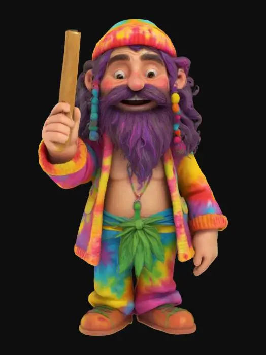 3D model for a funny realism cute, advanced quality advanced detail cannabis hippy standing holding a large, cannabis cigar in one hand with only a cannabis leaf covering his privates.