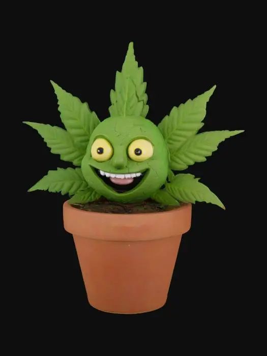 3D model for advanced detail advanced texturing advanced quality hyper fine detail of cannabis plant with funny stoner face in a small flowerpot on all white background.
