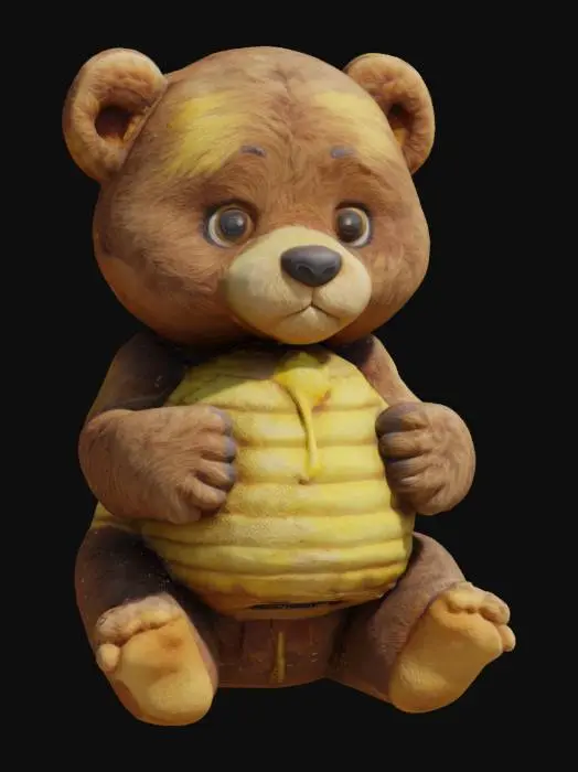 3D model for advanced realism high quality high detail bear cub laying on back and holding a honeybee hive with front and back paws high attention to facial features and paws and claws.