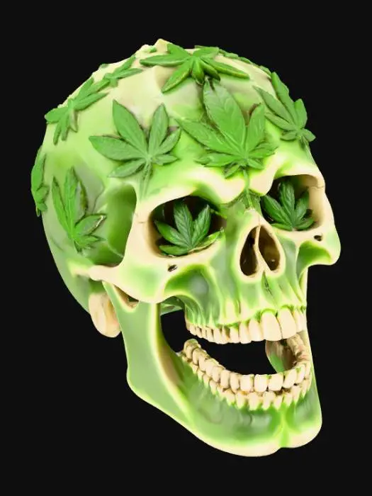 3D model for high-quality high detail skull with cannabis leaf's carved out all over the skull with cannabis leaf eye sockets and mouth an ash tray with white background.