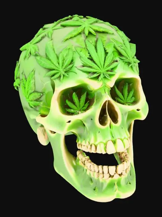 3D model for high-quality high detail skull with cannabis leaf's carved out all over the skull with cannabis leaf eye sockets and mouth an ash tray with white background.