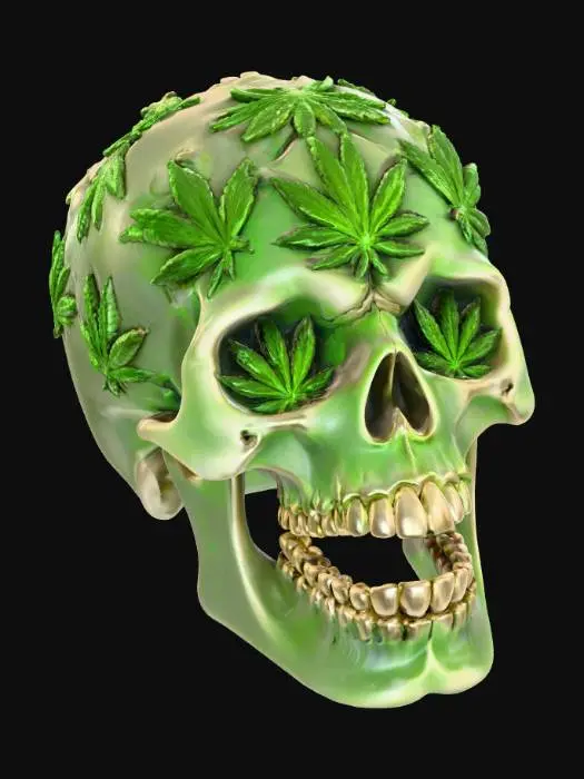 3D model for high-quality high detail skull with cannabis leaf's carved out all over the skull with cannabis leaf eye sockets and mouth an ash tray with white background.