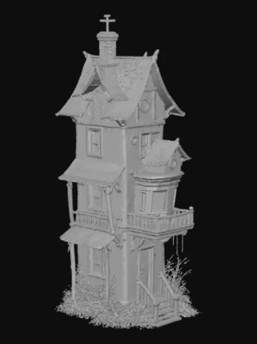 3D model for advanced life like detailed texturing using multi layered depths of ultimate multi level horror house with the best horror character's on all white background hi-definition up close view #Halloween2025#,