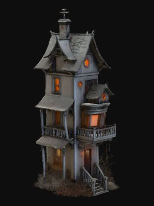 3D model for advanced life like detailed texturing using multi layered depths of ultimate multi level horror house with the best horror character's on all white background hi-definition up close view #Halloween2025#,