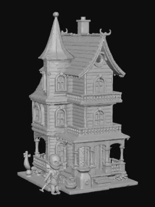 3D model for advanced life like detailed texturing using multi layered depths of ultimate multi level horror house with the best horror figurine character's standing outside with props on all white background hi-definition up close view #Halloween2025#,