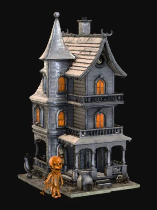 3D model for advanced life like detailed texturing using multi layered depths of ultimate multi level horror house with the best horror figurine character's standing outside with props on all white background hi-definition up close view #Halloween2025#,