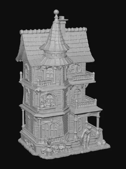 3D model for advanced life like detailed texturing using multi layered depths of ultimate multi level horror house with the best horror figurine character's standing outside with props on all white background hi-definition up close view #Halloween2025#,