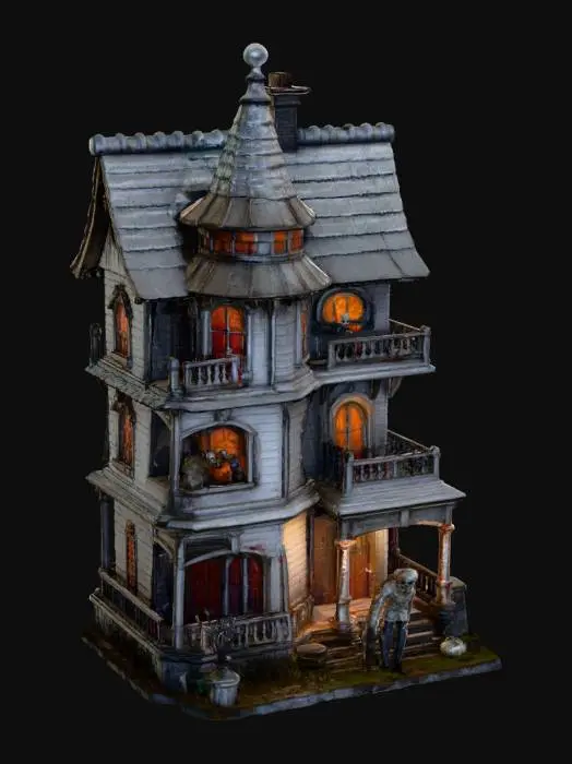 3D model for advanced life like detailed texturing using multi layered depths of ultimate multi level horror house with the best horror figurine character's standing outside with props on all white background hi-definition up close view #Halloween2025#,