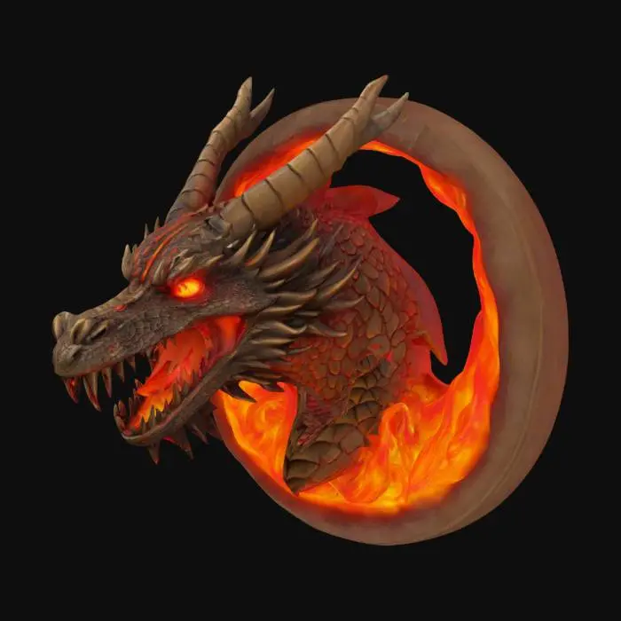 3D model for high quality high detail advanced realism advanced texturing dragon head coming out of circular fire flat back wall hanger. 