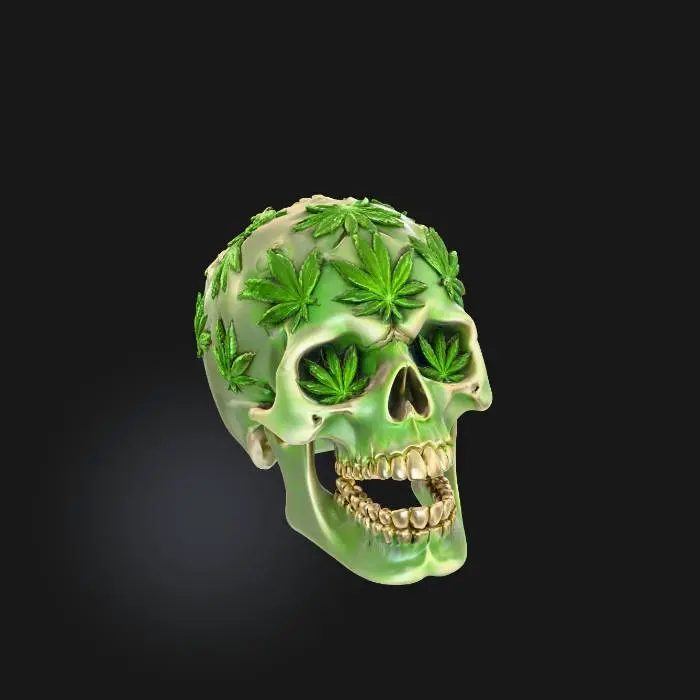 3D model for high-quality high detail skull with cannabis leaf's carved out all over the skull with cannabis leaf eye sockets and mouth an ash tray with white background.