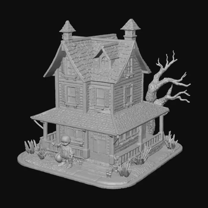 3D model for advanced life like detailed texturing using multi layered depths of ultimate multi level horror house with the best horror figurine character's standing outside with props on all white background hi-definition up close view #Halloween2025#,
