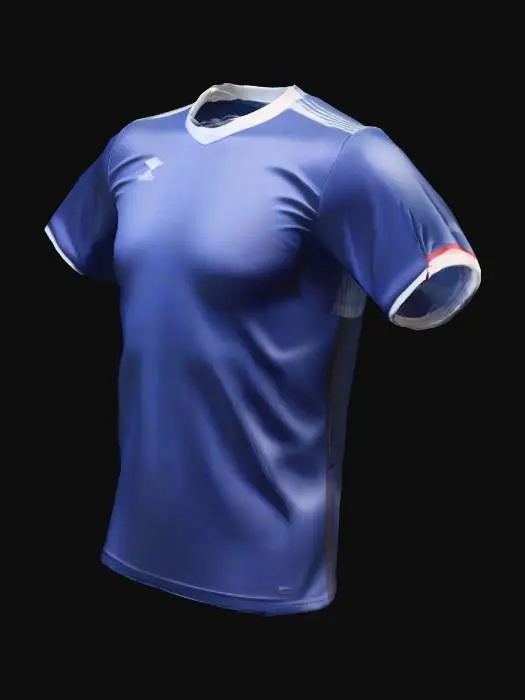 3D model for A standalone football jersey shirt. Modern athletic slim-fit shape, short sleeves. Smooth breathable polyester fabric with visible stitching. Clean studio lighting, high-resolution realistic texture. No shorts, no mannequin, only the shirt displayed.