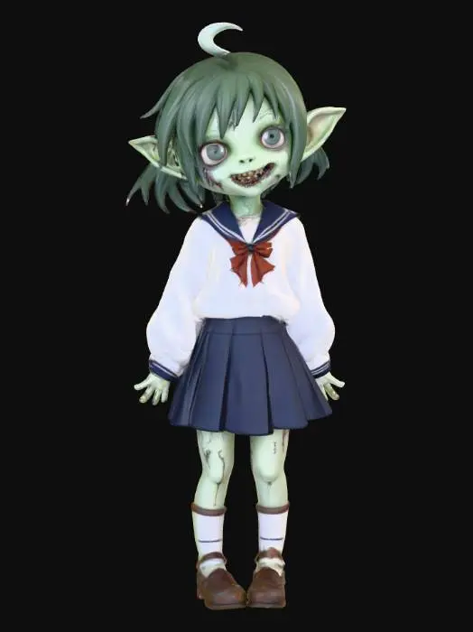 3D model for cute zombie goblin girl in seifuku, anime 90s style, #Halloween2025#