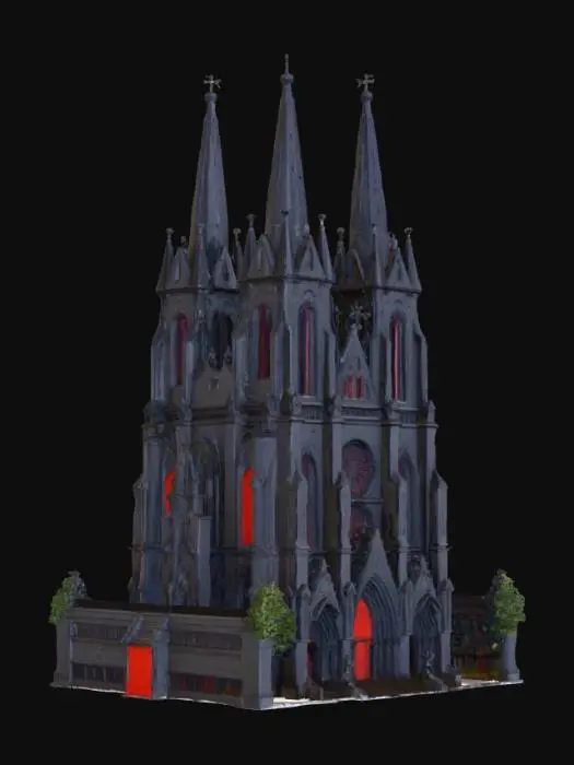 3D model for A highly detailed 3D model of Notre-Dame de l'Assomption Cathedral in Clermont-Ferrand, France, built entirely in black volcanic stone (pierre de Volvic) with a dark, imposing Gothic appearance. Features include: twin 96-meter spires on the west facade, flying buttresses, large rose windows (blue on north, orange on south, 8.5m diameter), polygonal apse, 50m Tour de la Bayette on the transept, pointed arches, gargoyles, pinnacles, statues, and stained glass. Render in **cartoon cell-shading style**: bold black outlines, flat vibrant colors, sharp shadow edges, no gradients, anime/comic book aesthetic, clean and stylized like a 3D animated film.