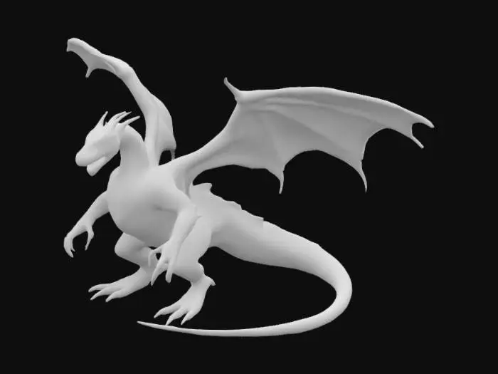 3D model for A 3d model of a dragon with a large build and a clear full body image, the lighting is neutral, has a white background and is clear for a studio quality image. The dragon has large symmetrical wings and black scales and gold accents, savage claws and one tail. He is standing upright and facing the camera.