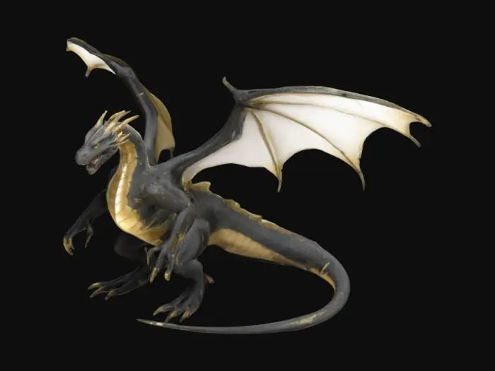 3D model for A 3d model of a dragon with a large build and a clear full body image, the lighting is neutral, has a white background and is clear for a studio quality image. The dragon has large symmetrical wings and black scales and gold accents, savage claws and one tail. He is standing upright and facing the camera.