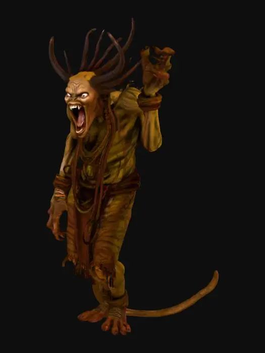 3D model for страшное существо похожее на человека с длинными руками похожий на африканца с тематической им одеждой и смеющемся выражением лица