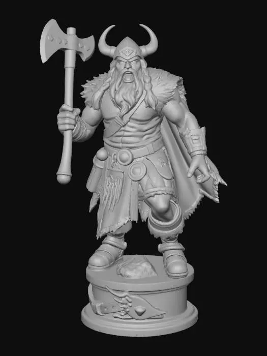 3D model for create action figure, isolated on white, photorealistick look. Viking with classic outfit, action pose on pedestal, holding in the hand a very large axe, screaming, ready for 3D print no flying or separated part, 3/4 rotate to the camera all hands and feet visible, prefect details, very high detalisation