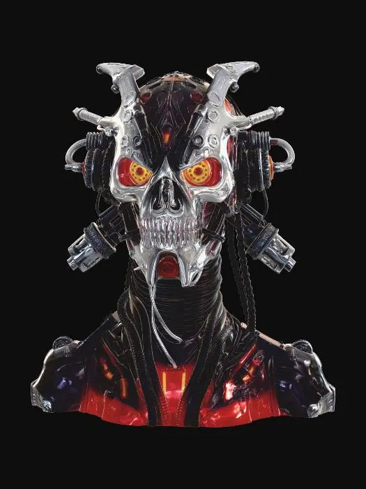 3D model for A high-detail 3D model of an asymmetrical wearable mask for 3D printing. The design blends dark fantasy aesthetics with biomechanical elements (H.R. Giger style). One side of the mask features organic bone-like structures and ancient engraved glowing runes, while the other side transitions into intricate mechanical tubes, hydraulic pistons, and artificial tendons.