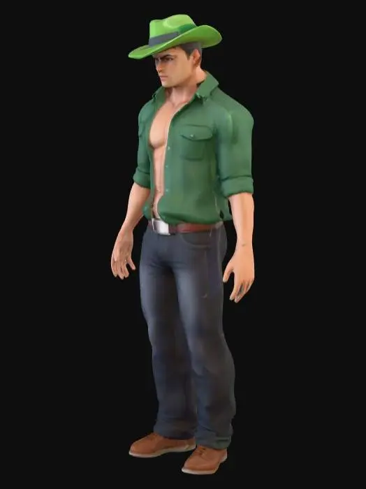 3D model for Realistic Urban design of an young man, with a towering muscular build. Key characteristics are green hat and an open button up shirt. Presented in a dynamic action pose. Highly detailed concept art. (negative: no background, no glasses, generic facial features)