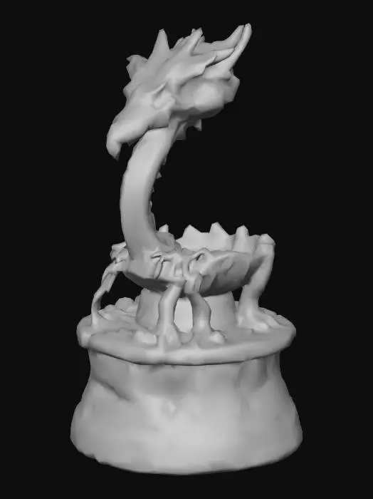 3D model for An ancient pedestal sculpted from dragon bones, with curved ribs and vertebrae forming an open cradle at the top. The base is carved sandstone engraved with glowing runes, weathered and cracked from centuries of use. Wisps of dust rise softly around it, giving the impression of age and reverence. A single gemstone eye is embedded in the front of the base, faintly glimmering as if it still holds the memory of the dragon it once belonged to. The design feels sacred, eerie, and powerful—made to display something of great importance.