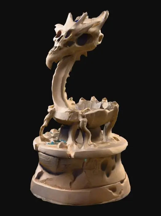 3D model for An ancient pedestal sculpted from dragon bones, with curved ribs and vertebrae forming an open cradle at the top. The base is carved sandstone engraved with glowing runes, weathered and cracked from centuries of use. Wisps of dust rise softly around it, giving the impression of age and reverence. A single gemstone eye is embedded in the front of the base, faintly glimmering as if it still holds the memory of the dragon it once belonged to. The design feels sacred, eerie, and powerful—made to display something of great importance.