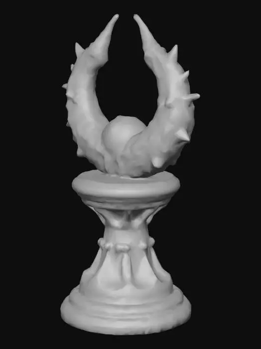 3D model for An ancient pedestal sculpted from dragon bones, with curved ribs and vertebrae forming an open cradle at the top. The base is carved sandstone engraved with glowing runes, weathered and cracked from centuries of use. Wisps of dust rise softly around it, giving the impression of age and reverence. A single gemstone eye is embedded in the front of the base, faintly glimmering as if it still holds the memory of the dragon it once belonged to. The design feels sacred, eerie, and powerful—made to display something of great importance.