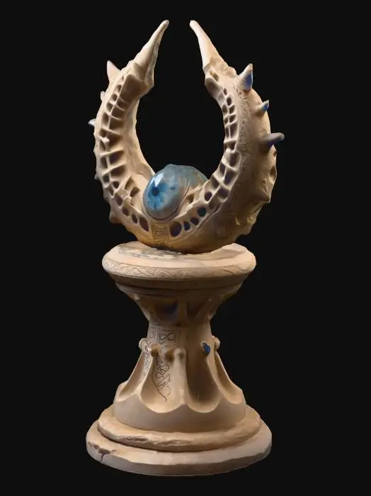 3D model for An ancient pedestal sculpted from dragon bones, with curved ribs and vertebrae forming an open cradle at the top. The base is carved sandstone engraved with glowing runes, weathered and cracked from centuries of use. Wisps of dust rise softly around it, giving the impression of age and reverence. A single gemstone eye is embedded in the front of the base, faintly glimmering as if it still holds the memory of the dragon it once belonged to. The design feels sacred, eerie, and powerful—made to display something of great importance.