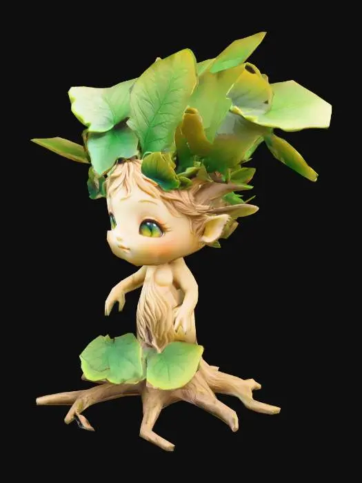 3D model for A charming, chibi-style tree nymph, sculpted with a small, rounded body and a proportionally large head. Its smooth, light brown skin has a delicate bark-like texture, adorned with vibrant green leaves that form its soft, flowing hair. Large, innocent green eyes gaze gently. Tiny, branch-like limbs extend delicately, and its base integrates seamlessly into dark, fresh soil as subtle roots. It wears a sweet, demure expression, exuding a beautiful, simple, and cute organic charm.