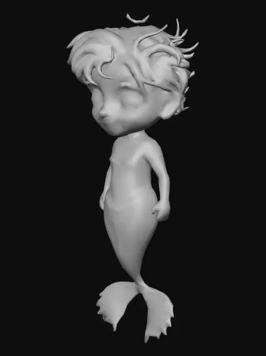 3D model for A charming, petite merman character, radiating cuteness with a friendly smile and bright, curious eyes. His short, tousled sandy-blond hair frames a smooth, youthful face. He has a simple, bare chest with a healthy skin tone. His iridescent fish tail, shimmering with scales in shades of deep ocean blue and emerald green, gracefully tapers, ending in robust, translucent fins. The overall structure is boyish and soft, giving him an approachable, gentle, and endearing tactile quality.