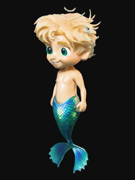 3D model for A charming, petite merman character, radiating cuteness with a friendly smile and bright, curious eyes. His short, tousled sandy-blond hair frames a smooth, youthful face. He has a simple, bare chest with a healthy skin tone. His iridescent fish tail, shimmering with scales in shades of deep ocean blue and emerald green, gracefully tapers, ending in robust, translucent fins. The overall structure is boyish and soft, giving him an approachable, gentle, and endearing tactile quality.