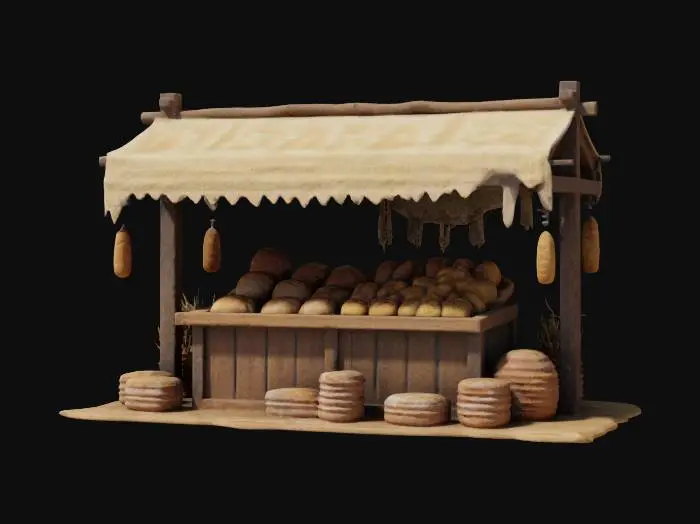 3D model for medieval market stall with bread loafs