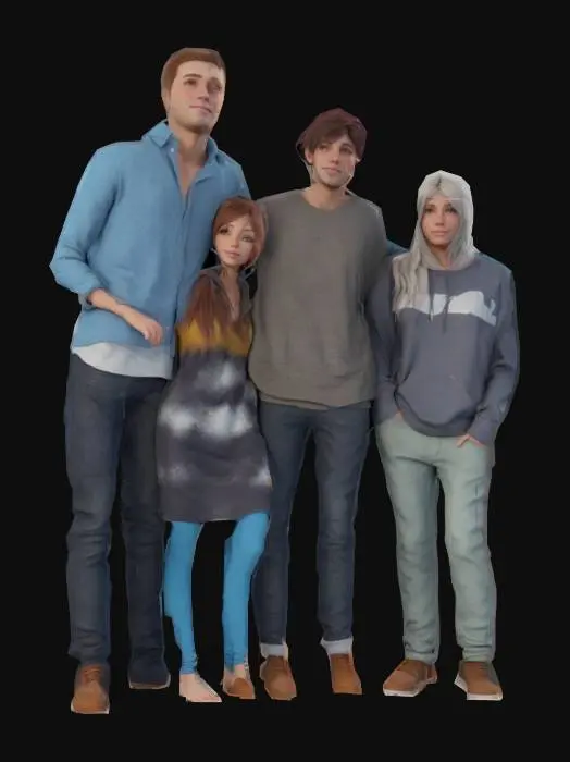 3D model for casually posing group of friends, ultra realistic, 4k