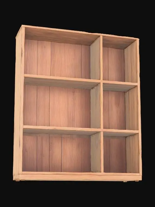 3D model for a bookshelf with three stages, square shaped, hidden space from top, without books, without pencils, space  for 30 books
