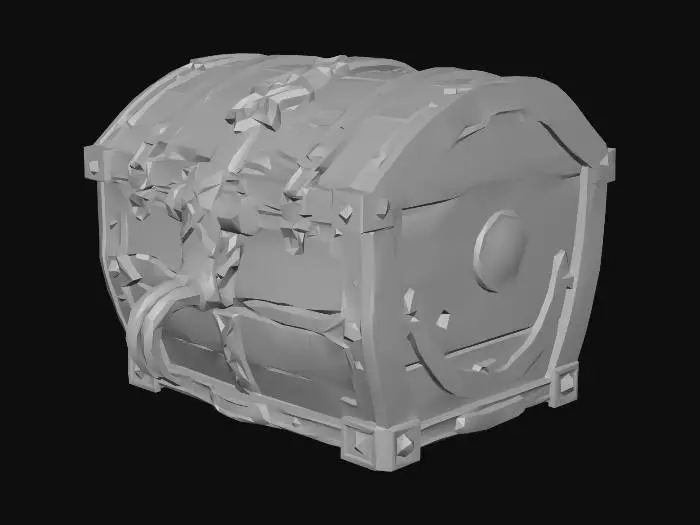 3D model for A decrepit, ancient wooden chest, bound with rusted iron straps and adorned with faded, mystical carvings. Its surface is heavily textured, showing deep cracks and splinters from millennia. When disturbed, it transforms, revealing massive, sharp, bone-white fangs and a long, grotesque, piercing tongue, poised to strike with terrifying speed, imbued with dark magic.