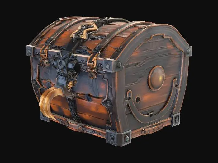 3D model for A decrepit, ancient wooden chest, bound with rusted iron straps and adorned with faded, mystical carvings. Its surface is heavily textured, showing deep cracks and splinters from millennia. When disturbed, it transforms, revealing massive, sharp, bone-white fangs and a long, grotesque, piercing tongue, poised to strike with terrifying speed, imbued with dark magic.