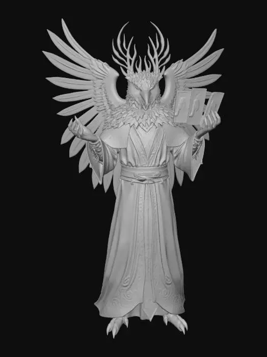 3D model for Um feiticeiro aviário majestoso, de pé sobre um pico rochoso coberto de neve, sob um vasto céu noturno estrelado da Via Láctea. O personagem, em trajes azuis escuros e dourados, manipula cartas de tarô que flutuam e brilham com energia arcana. A textura áspera da rocha e a neve macia contrastam com a seda das vestes e o brilho dos elementos mágicos. A luz ambiente vem das estrelas e do brilho etéreo das cartas.