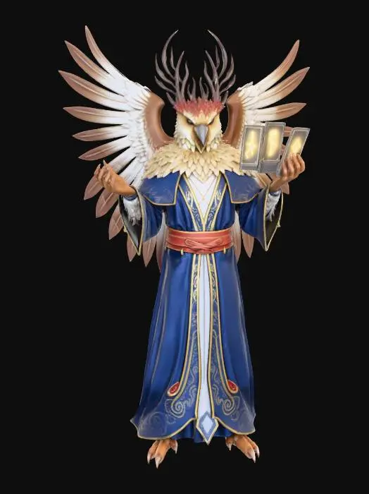 3D model for Um feiticeiro aviário majestoso, de pé sobre um pico rochoso coberto de neve, sob um vasto céu noturno estrelado da Via Láctea. O personagem, em trajes azuis escuros e dourados, manipula cartas de tarô que flutuam e brilham com energia arcana. A textura áspera da rocha e a neve macia contrastam com a seda das vestes e o brilho dos elementos mágicos. A luz ambiente vem das estrelas e do brilho etéreo das cartas.