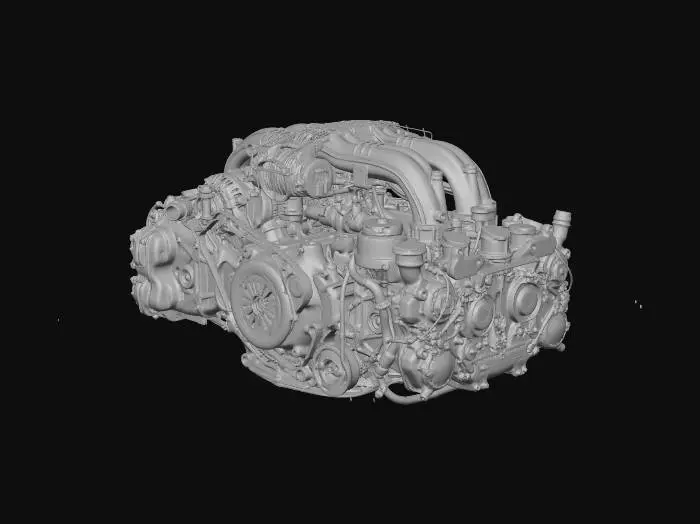3D model for A highly detailed 3D model of a Subaru FB20 boxer engine, meticulously rendered to capture its intricate components from multiple angles. The front view clearly displays the serpentine belt system, alternator, and various pulleys, with the throttle body visible at the top. The side view showcases the complex network of fuel lines, wiring harnesses, and ignition coils. The rear view highlights the transmission bell housing and clutch assembly. The model should accurately represent the metallic textures of the engine block and components, the black plastic of the intake manifold, and the various connectors and hoses in their respective colors. All views should be consistent in detail and scale, allowing for a seamless transition between perspectives in a 3D environment