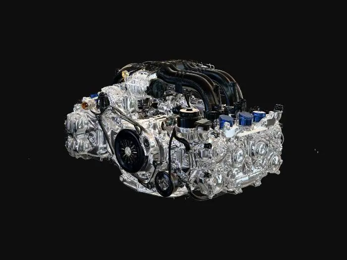 3D model for A highly detailed 3D model of a Subaru FB20 boxer engine, meticulously rendered to capture its intricate components from multiple angles. The front view clearly displays the serpentine belt system, alternator, and various pulleys, with the throttle body visible at the top. The side view showcases the complex network of fuel lines, wiring harnesses, and ignition coils. The rear view highlights the transmission bell housing and clutch assembly. The model should accurately represent the metallic textures of the engine block and components, the black plastic of the intake manifold, and the various connectors and hoses in their respective colors. All views should be consistent in detail and scale, allowing for a seamless transition between perspectives in a 3D environment