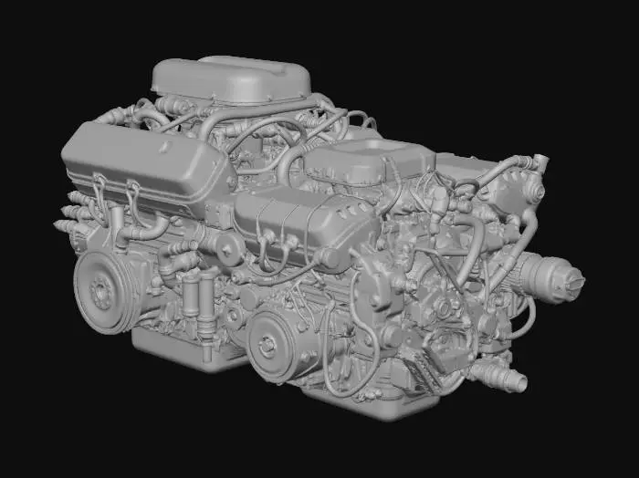 3D model for A highly detailed 3D model of a Subaru FB20 boxer engine, meticulously rendered to capture its intricate components from multiple angles. The front view clearly displays the serpentine belt system, alternator, and various pulleys, with the throttle body visible at the top. The side view showcases the complex network of fuel lines, wiring harnesses, and ignition coils. The rear view highlights the transmission bell housing and clutch assembly. The model should accurately represent the metallic textures of the engine block and components, the black plastic of the intake manifold, and the various connectors and hoses in their respective colors. All views should be consistent in detail and scale, allowing for a seamless transition between perspectives in a 3D environment