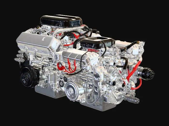 3D model for A highly detailed 3D model of a Subaru FB20 boxer engine, meticulously rendered to capture its intricate components from multiple angles. The front view clearly displays the serpentine belt system, alternator, and various pulleys, with the throttle body visible at the top. The side view showcases the complex network of fuel lines, wiring harnesses, and ignition coils. The rear view highlights the transmission bell housing and clutch assembly. The model should accurately represent the metallic textures of the engine block and components, the black plastic of the intake manifold, and the various connectors and hoses in their respective colors. All views should be consistent in detail and scale, allowing for a seamless transition between perspectives in a 3D environment