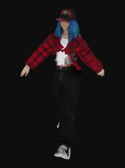 3D model for A 5'3 female elf with blue hair and a backwards trucker hat. Wearing a red plaid jacket with a white shirt under it, and black baggy jeans with Converse shoes. T pose