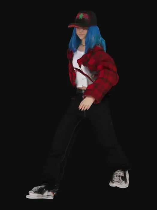 3D model for A 5'3 female elf with blue hair and a backwards trucker hat. Wearing a red plaid jacket with a white shirt under it, and black baggy jeans with Converse shoes. T pose