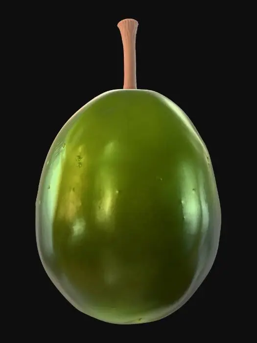 3D model for Create a highly realistic 3D model of a single olive. The olive should have an organic, asymmetrical shape with subtle surface wrinkles and natural imperfections. Use a deep green color with slight color variations, including lighter green highlights and darker specks. The surface should have a soft, slightly glossy sheen, as if lightly coated with olive oil. Include fine surface texture details visible up close. The model should be photorealistic, suitable for close-up rendering, with clean topology and high-resolution PBR textures (albedo, roughness, normal, and specular maps). No stem, isolated object, neutral background.