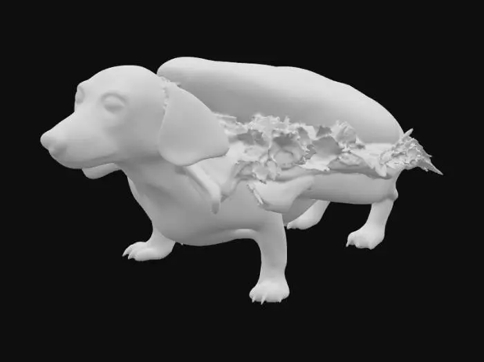 3D model for #food# Generate a dog of the breed
dachshund as if it was a subway sandwhich, keep the feet, tail and head realistic, but make the main torso into the sandwhich.